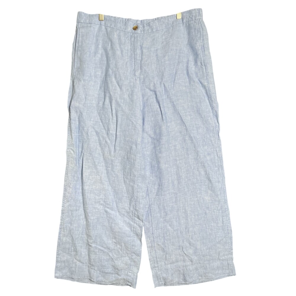 J.Jill Love Linen Blue Wide Leg Crop Pants Womens Large Elastic Back 100% Linen